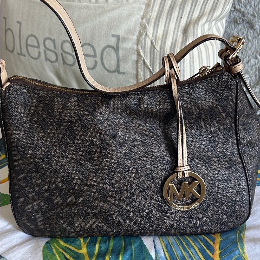 Michael Kors Black and Tan Monogram Shoulder Bag